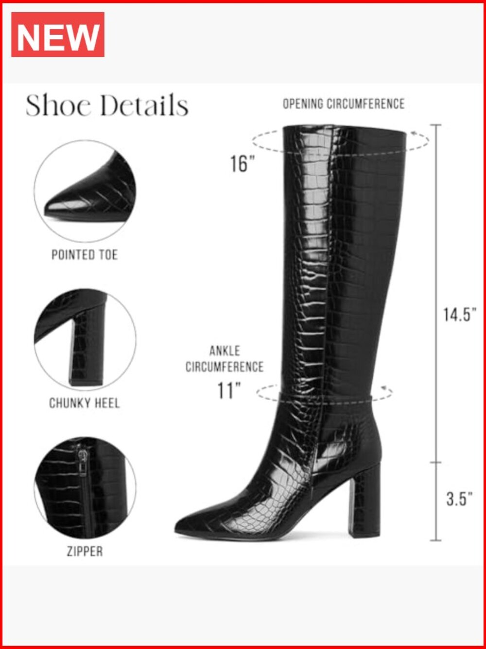 Knee High Boots Pointed Toe Chunky Heel Side Zipper Block Heel Fashion - Picture 3 of 6
